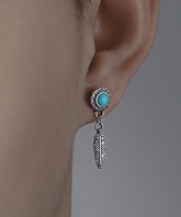 Men Blue Sterling Silver Turquoise Feather Stud Earrings